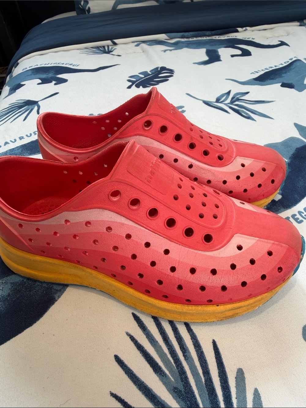 Native Shoes Coral-Red Slip-On Sandals with Yellow Sole